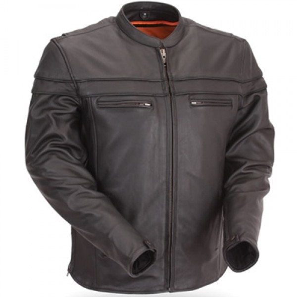 Men's Black Leather Motorcycle Jacket with Mandarin Collar